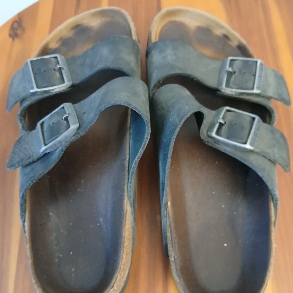 Birkenstock Arizona Sandals‎ Mens 38 Black Leather Double Buckle Cork Slide